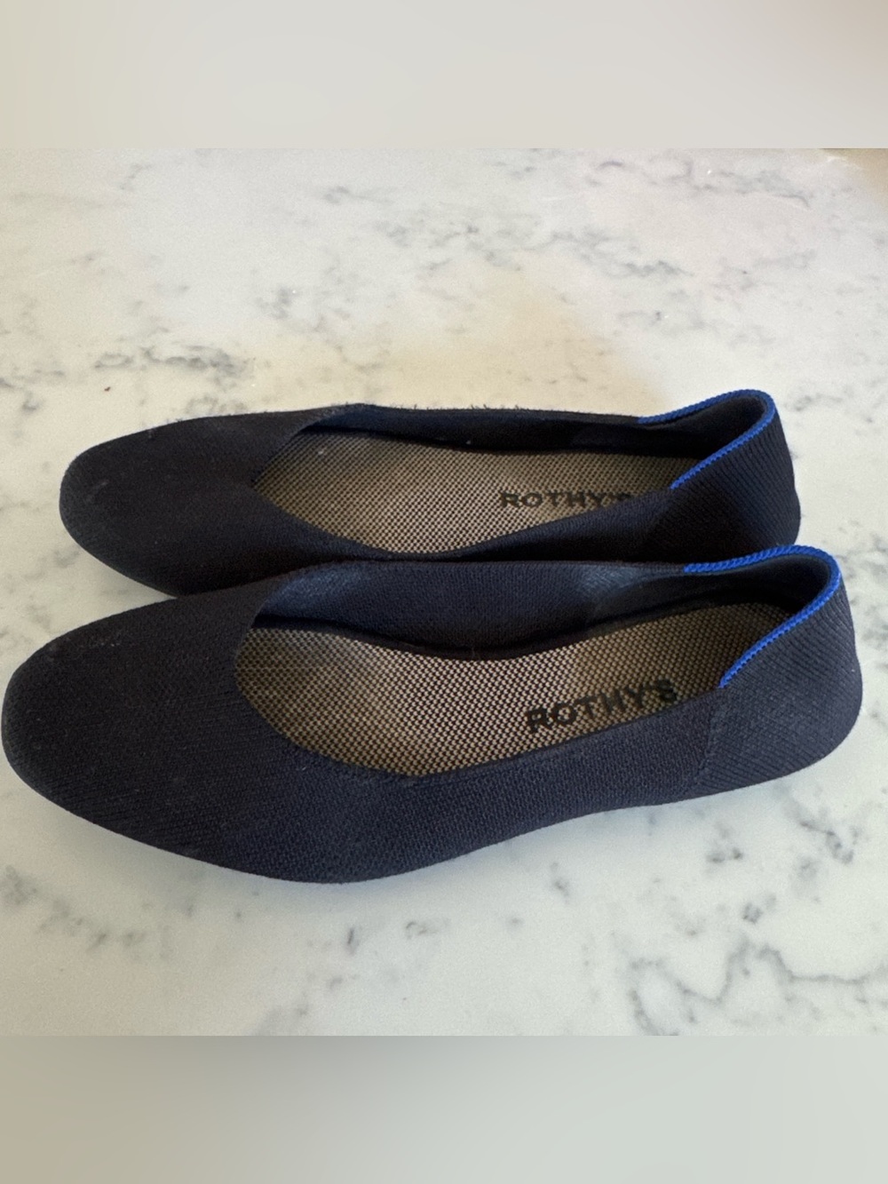 Rothy's Black Knit Pointed-Toe Flats with Blue Trim
